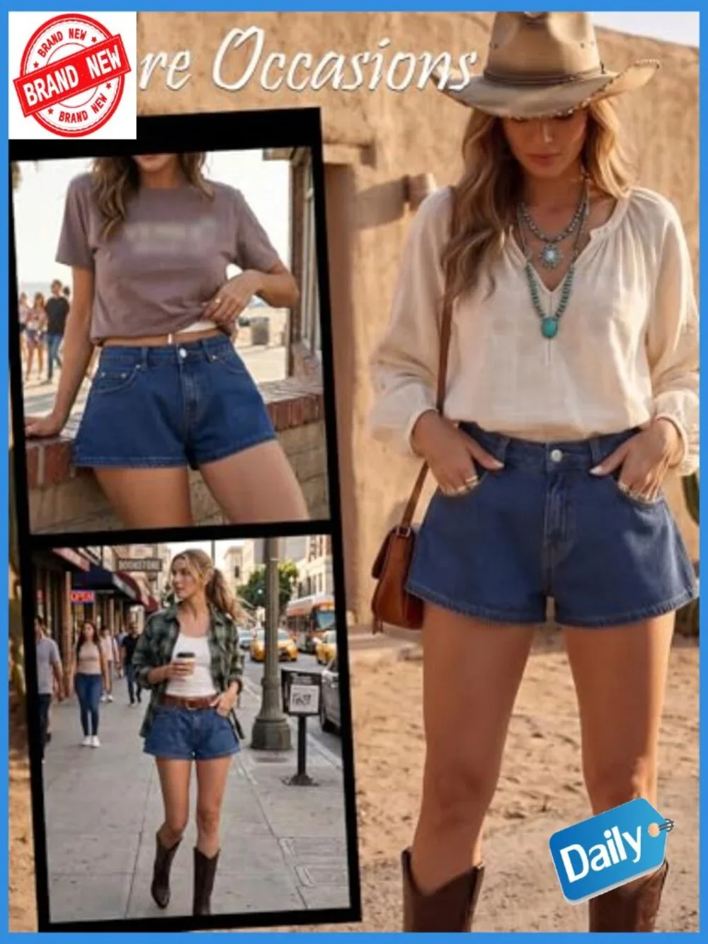 Baggy Low Rise Denim Shorts with Leather Patch High Stretch